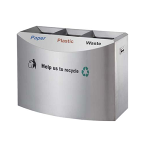 Modern steel litter bin with sections for sorting rubbish in public place inside